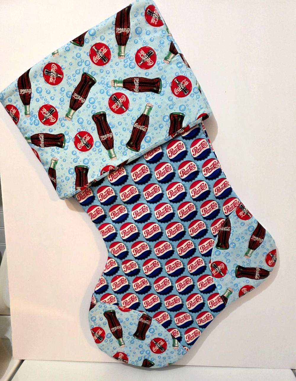 Vintage Handmade 22" Christmas Stocking Coca Cola and Pepsi